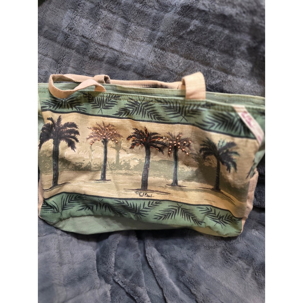 Paul Brent Tropical Palm Tree Canvas Tote Bag Beaded Accents Green Tan Summer